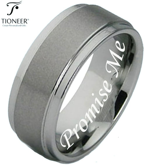 Tioneer Tungsten Carbide Brushed Pipe Cut Polished Edges Wedding Band Ring CZ Promise Me Engraved 8MM