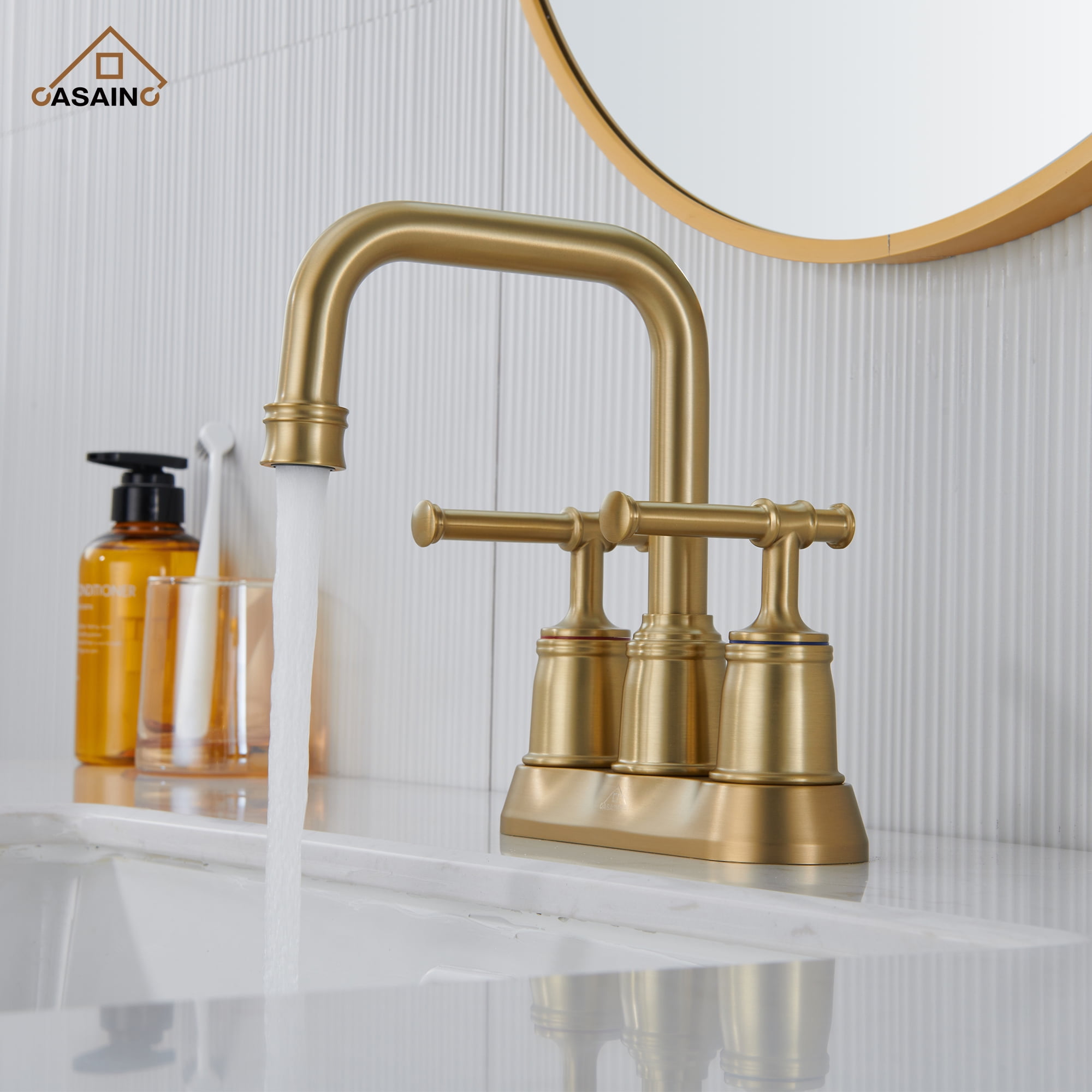 CASAINC 4 in. Centerset Double Handle 2 holes Bathroom Sink Faucet Lavatory Faucet with Stainless steel Drain in Brushed Gold