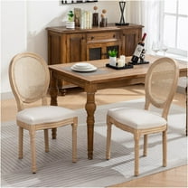 JERFIT French Country Dining Chairs Set of 2, Beige Linen Upholstered Side Chairs with Rattan Back & Antique Painted Solid Wood Frame for Kitchen Dining Room