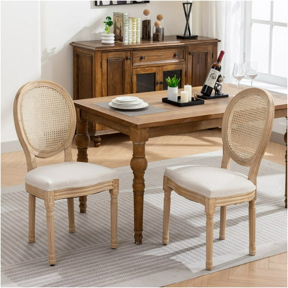 JERFIT French Country Dining Chairs Set of 2, Beige Linen Upholstered Side Chairs with Rattan Back & Antique Painted Solid Wood Frame for Kitchen Dining Room