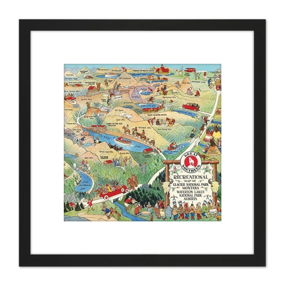 Map Scheuerle 1925 Glacier National Park Montana USA 8X8 Inch Square Wooden Framed Wall Art Print Picture with Mount