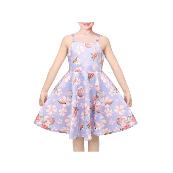 Sunny Fashion Girls' Floral Print Fit And Flare Dress Satin With Cotton Lining Knee Length With Straps For 10 Years