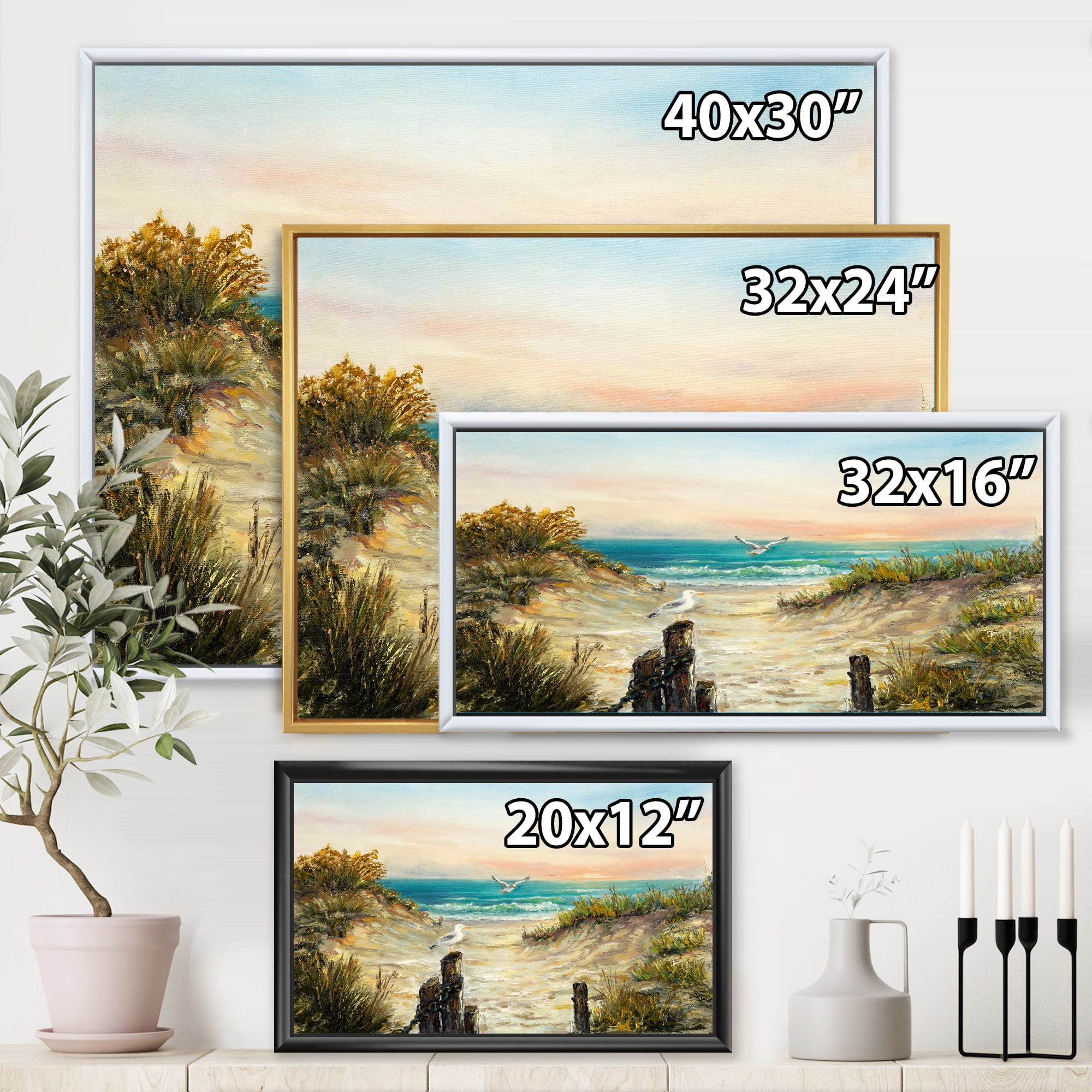 Ocean Dunes During Pink Sinset on Beach 32 in x 24 in Framed Painting Canvas Art Print, by Designart
