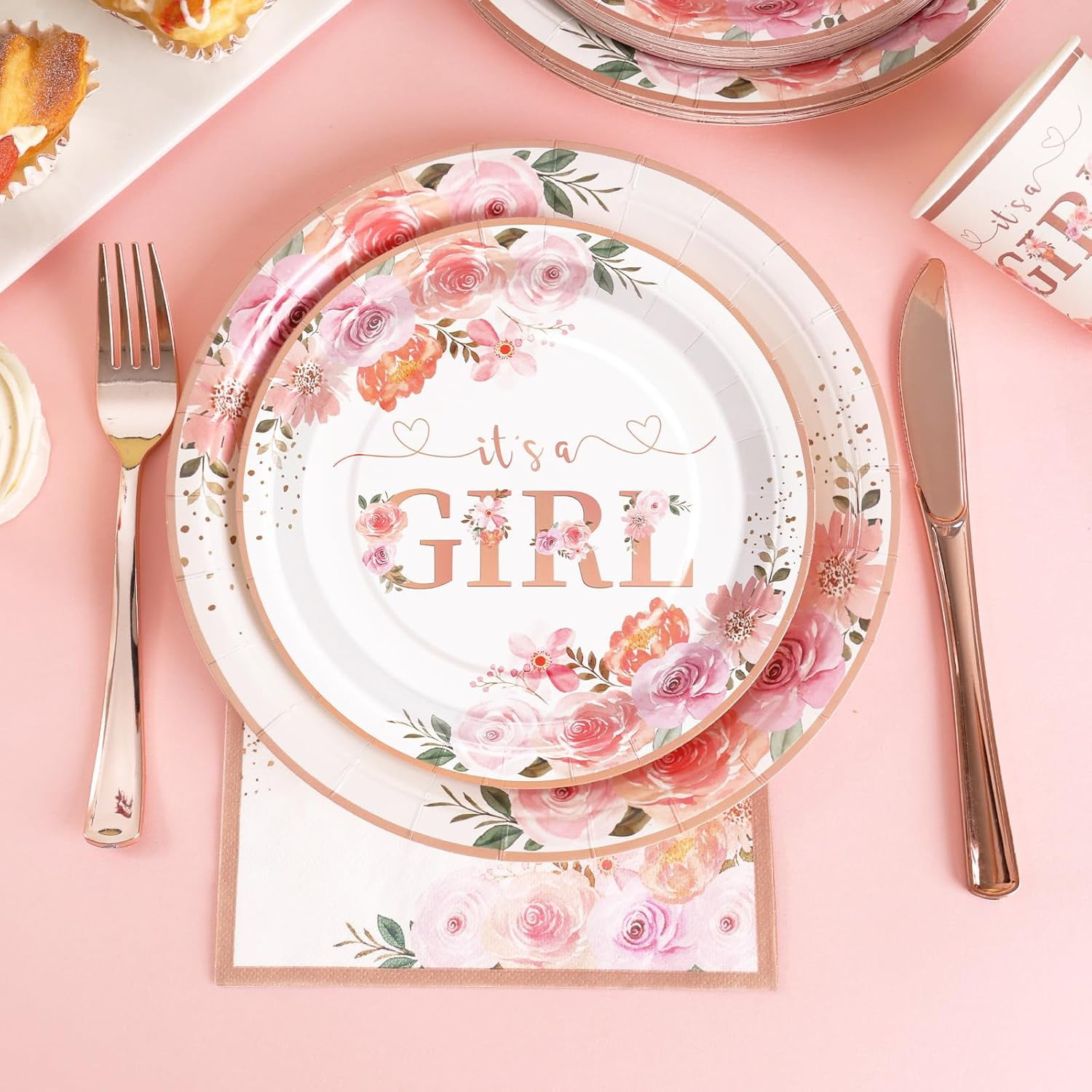 175 PCS Baby Shower Decorations for Girl, Floral Baby Shower Plates and Cups and Napkins Sets Serve 25, It's a Girl Plates Set for Baby Girl Gender Reveal Birthday Party Decorations