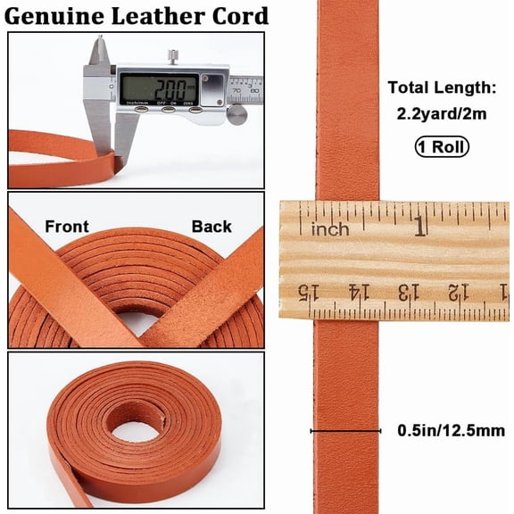 1 pc 79"/2m x 0.5"/12.5mm Genuine Leather Strips 2mm Thick Cowhide Leather Strap Flat Leather Cord Braiding Thread Rope for Jewelry Making Boot Lace Keychains DIY Crafts Saddle Brown