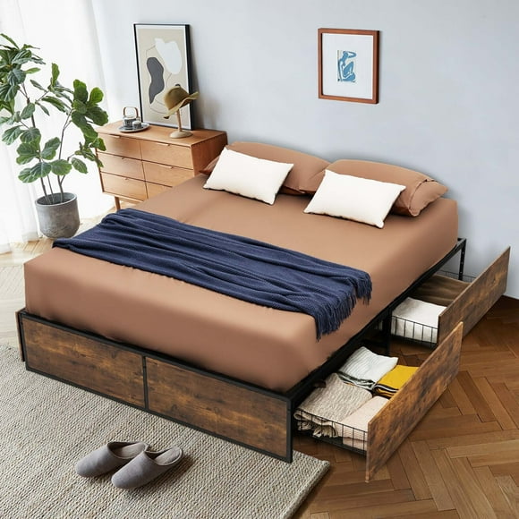Gymax Queen Industrial Platform Bed Frame with 4 Drawers Storage Mattress Foundation