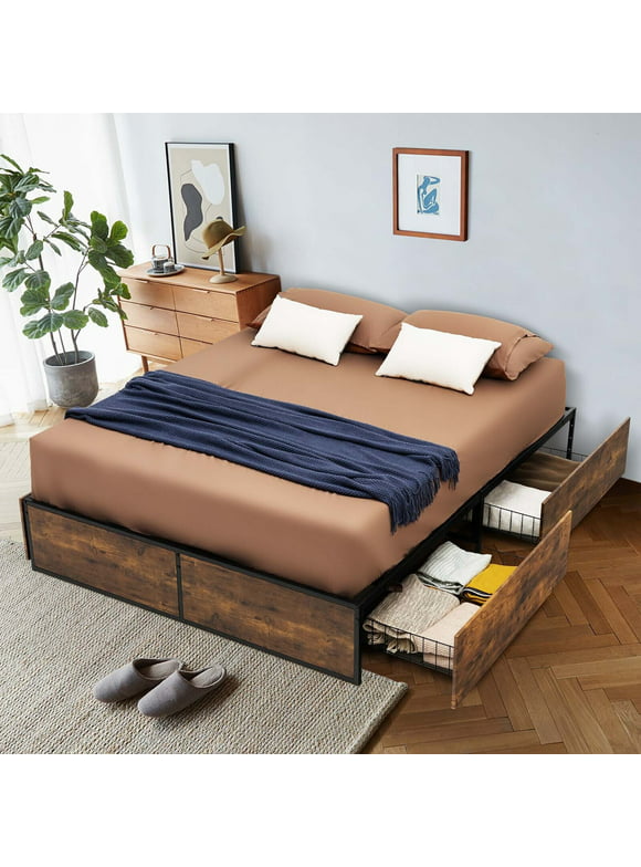 Gymax Queen Industrial Metal Platform Bed Frame with 4 Drawers Wooden Footboard