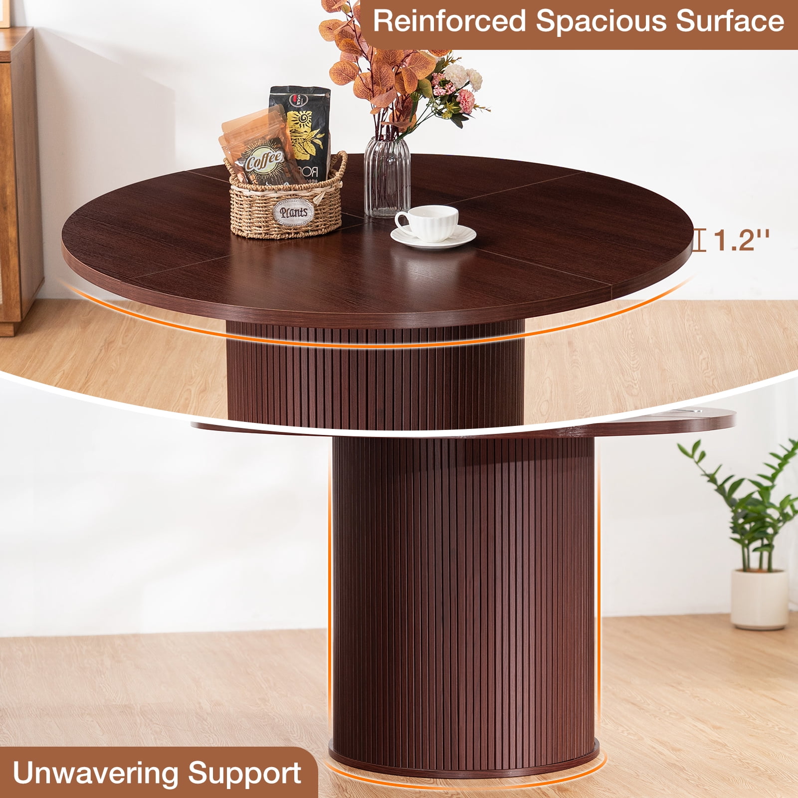 Hommpa 48" Round Dining Table Morden Kitchen Table Wood for 4 with Wood Slide Door for Kitchen Living Room,Heavy Duty Pedestal Base,Brown