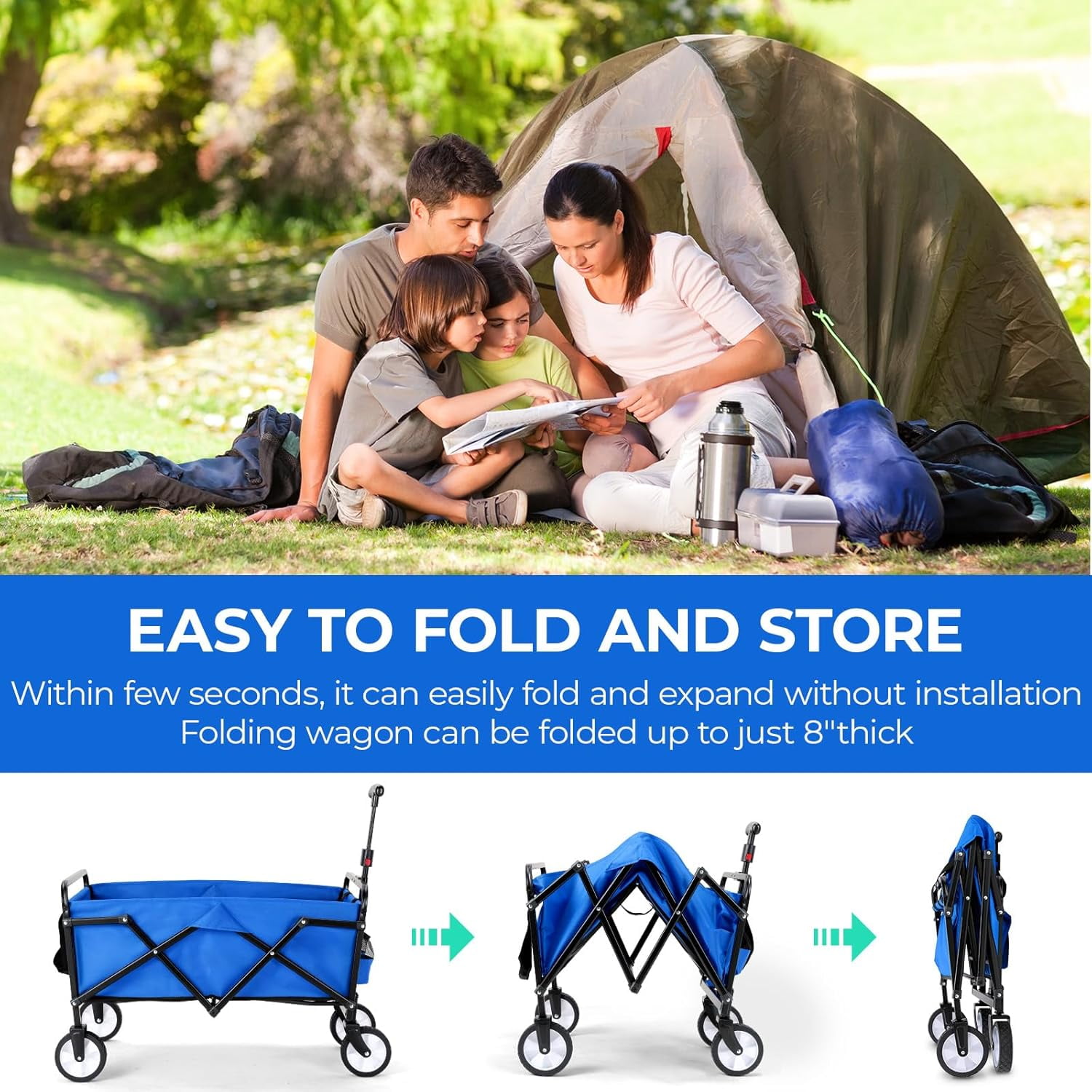 TLSUNNY Collapsible Wagon Cart with Wheels, Foldable Wagon Cart w/ Carry Bag, Lightweight Portable Shopping Cart, for Camping, Grocery, Garden, Sports
