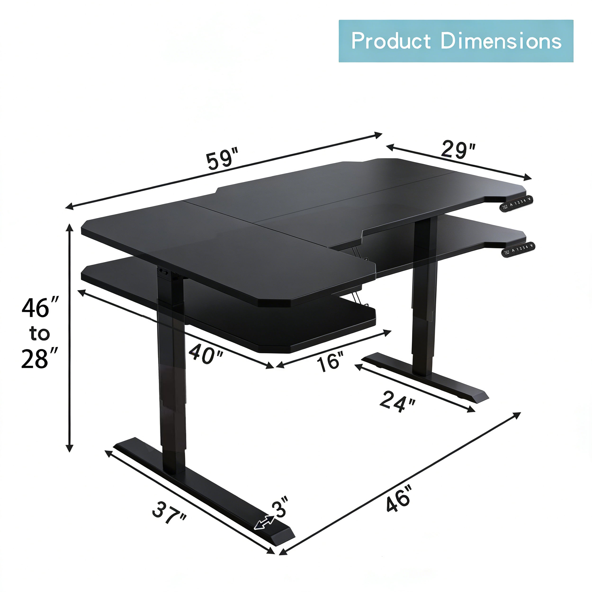 Electric L Shaped Standing Desk 59 Inch, Height Adjustable Corner Desk, Sit Stand L Computer Desk for Office with 4 Memory Presets, Under Desk Cable Basket, Side Hooks, Home Office Workstation, Black