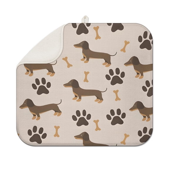 Dachshund and Paws Dish Drying Mat for Kitchen 1 Pack, Ultra Absorbent Microfiber Dishes Drainer Mats,16"x18"