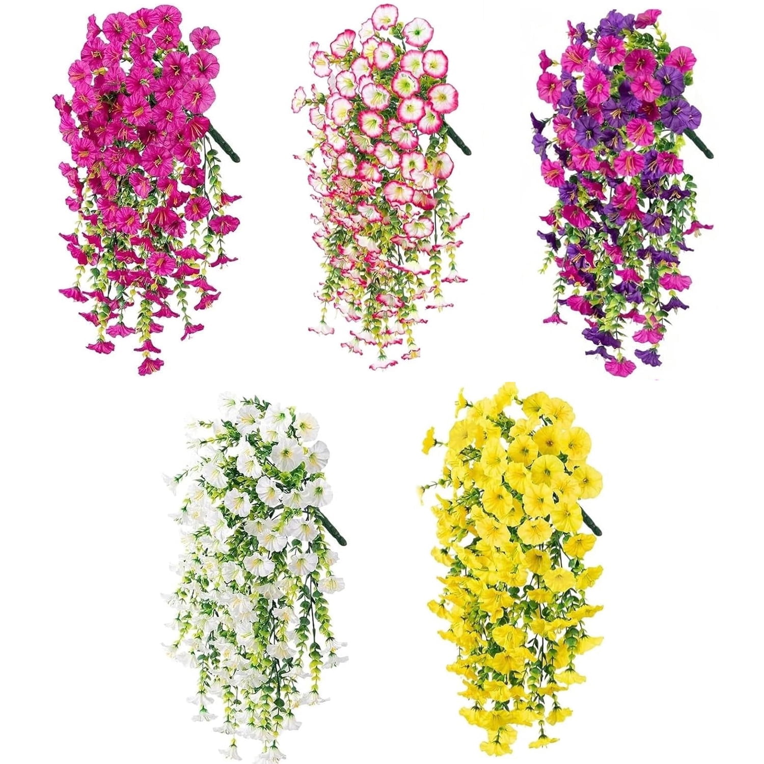 5 PCS multicolored Artificial Hanging Flowers for Outdoors, UV Resistant Morning Glory Flowers with Eucalyptus Leaves, Silk Fake Flower Realistic Faux Plants for Home Patio Porch Garden Decor