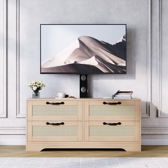 Yeshouse Soportes de TV de 4 cajones para sala de estar, centro de entretenimiento, soporte de TV de MDF estilo mimbre con 4 cajones y base, muebles de sala de estar, Log