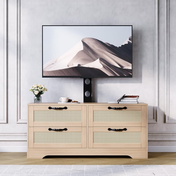 Yeshouse Soportes de TV de 4 cajones para sala de estar, centro de entretenimiento, soporte de TV de MDF estilo mimbre con 4 cajones y base, muebles de sala de estar, Log