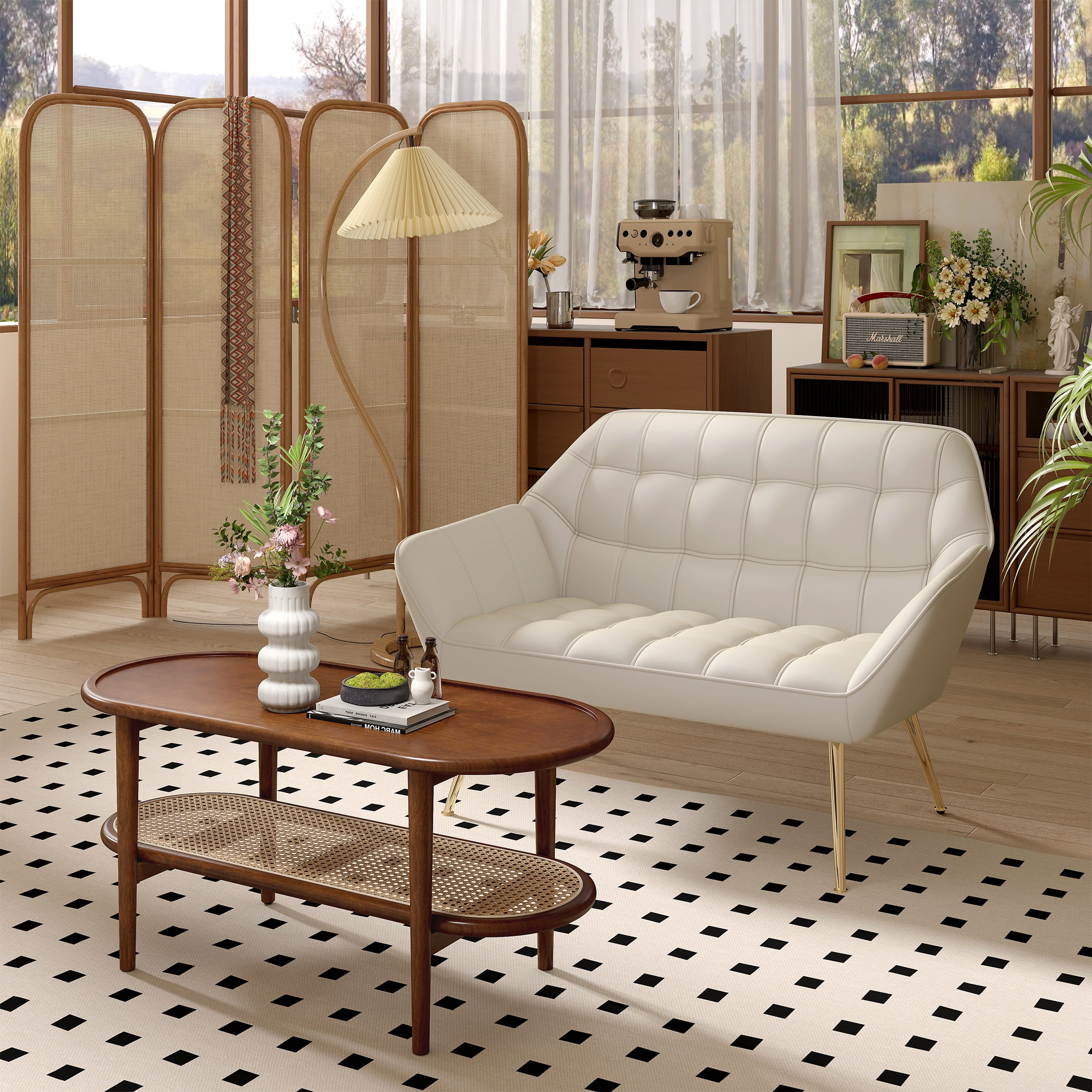 Guyou Small Loveseat Sofa, Modern Velvet 2-Seater Mini Sofa Couch with Quilted Back and Armrests, Cute Accent Chair with Gold Metal Legs for Living Room Bedroom Apartment, Cream