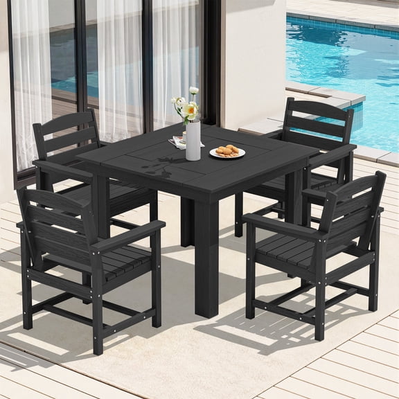 KINGYES 5-Piece HDPE Outdoor Dining Set for 4, Square Patio Table & Armchairs with Umbrella Hole, All-Weather Patio Dining Set for Backyard, Garden, Lawn & Poolside, Black