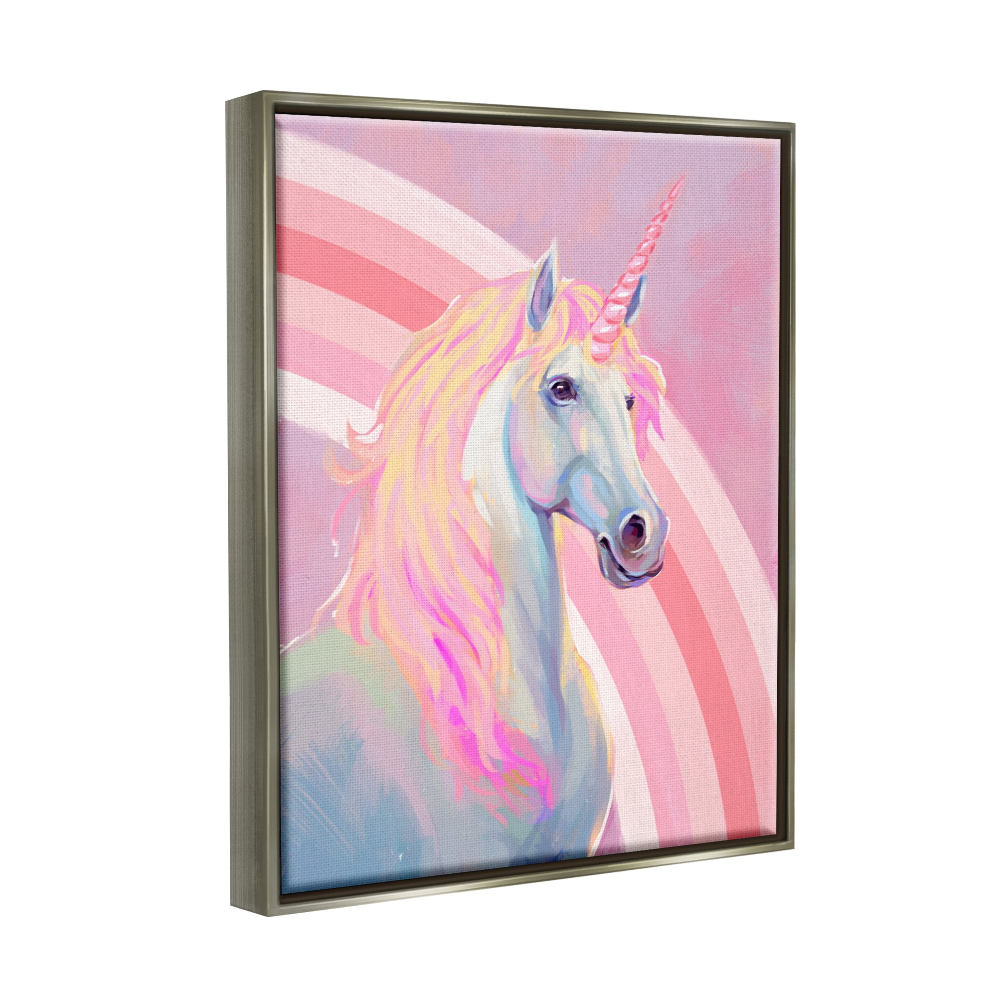 Stupell Industries Pastel Pink Unicorn Fairy Tales & Fantasy Painting Gray Floater Framed Canvas Art Print Wall Art, 25 x 31