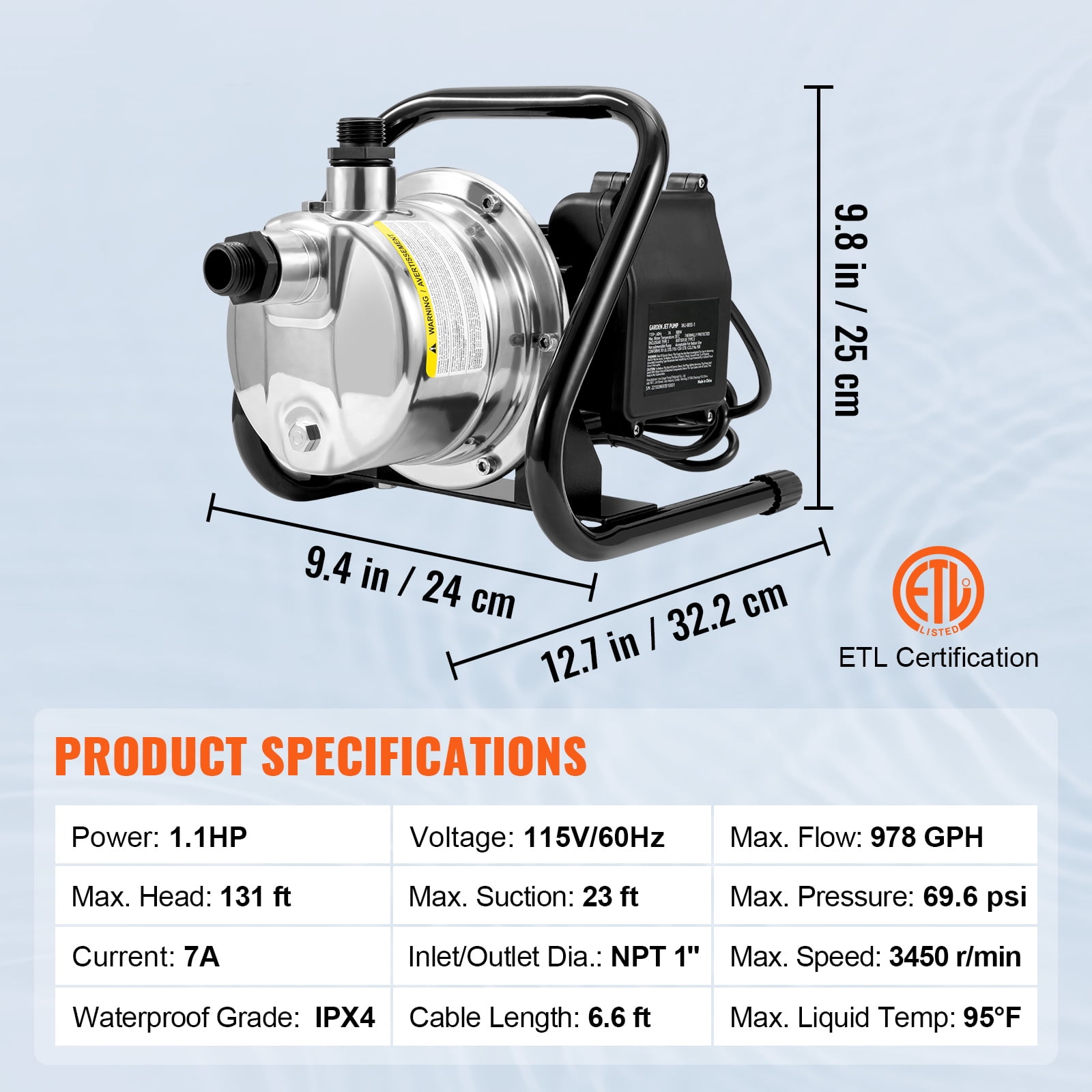 KFFKFF Surface Well Pump, 1.1 HP 115V, 978 GPH 131 ft Elevation, 69.6psi Peak Pressure, Compact Stainless Steel Sprinkler Enhancement Jet Pumps for Yard Lawn Watering system, Lake Water Feature