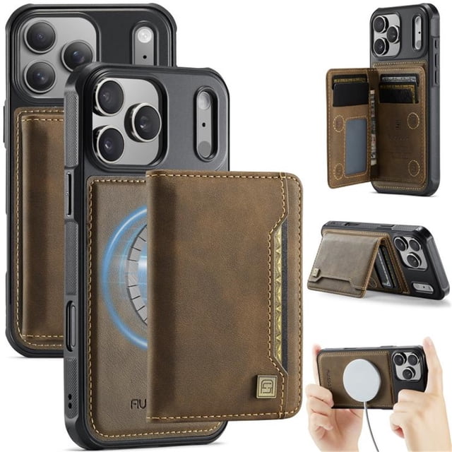 AutSpace Funda para Apple iPhone 17 Pro Max, Bloqueo RFID, Cuero PU, Compatible con MagSafe, Billetera Desmontable 2 en 1 con Tarjetero, Soporte, Cubierta Protectora Magnética, Marrón, para iPhone 17