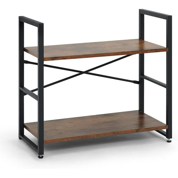 PRZL 2 Tier Small Bookshelf, 24 Inch Width Free Standing Shelf, Industrial Book Shelves for Home Office, Bookcase Shelf Storage Organizer for Living Room, Rustic Oak Vintage Shelves & Metal Frame