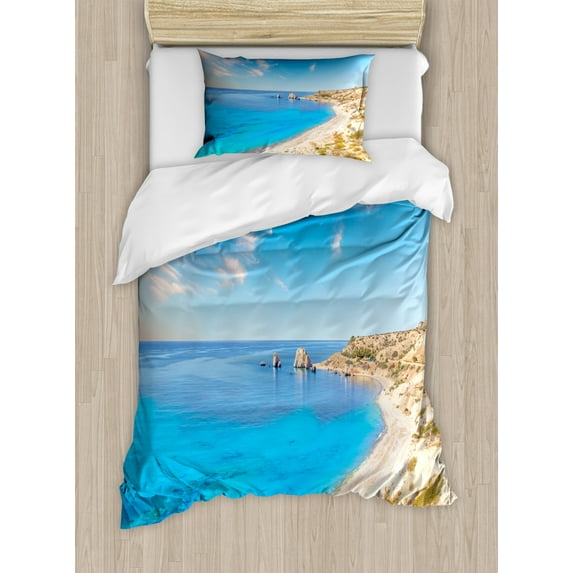 Cyprus Duvet Cover Set Twin Size, Landscape Art Image of Aphrodite's Rock from Beach at Coast of Paphos District, Decorative 2 Piece Bedding Set with 1 Pillow Sham, Multicolor, by Ambesonne