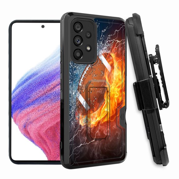 ANJ Rugged Shockproof Hoster Case w/Card Slot, Kickstand Tempered Glass Cover for Samsung Galaxy A33 5G - Flame on Football