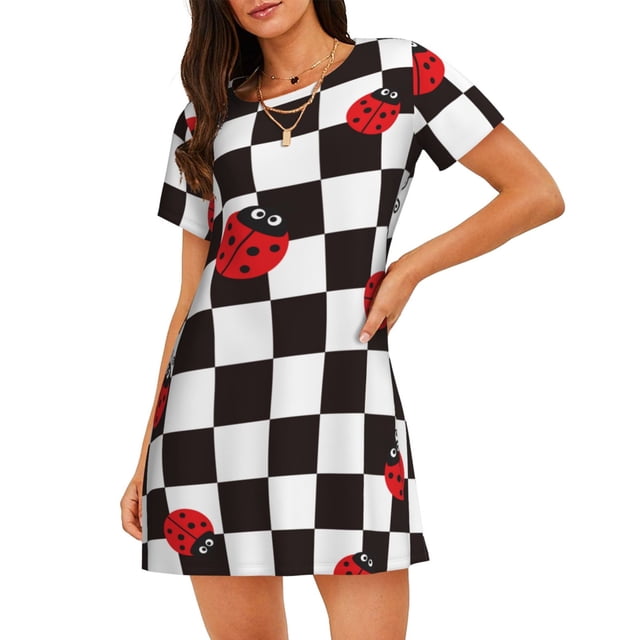 Fotbe Ladybugs Of Black And White Checkers Bata de Dormir para Mujer con Estampado, Camisón de Algodón de Manga Corta, Ropa de Dormir Casual