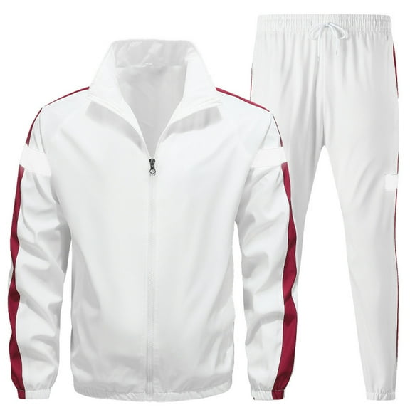 Timoontee Men's Casual Tracksuits Zip Up Jacket Sets Windbreaker Running Sports Sweatsuit Long Sleeve Mock Neck Tops with Jogging Pants Color Block 2-Piece Outfits White XXXL