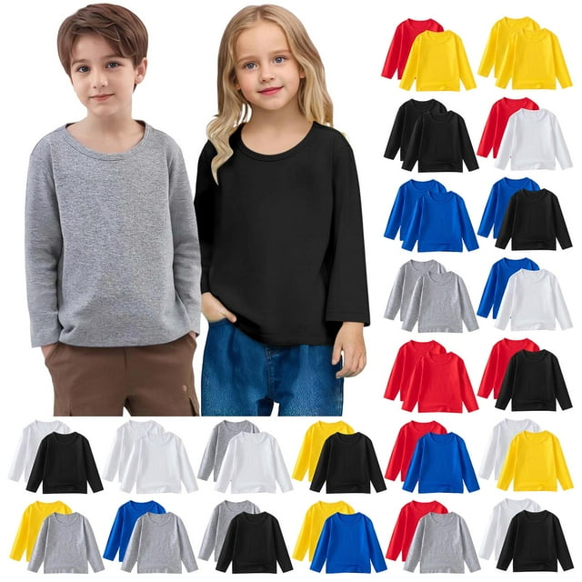 MKOSPLRT 2 Pack Chemises à Manches Longues pour Enfants Filles Garçons Col Rond Uni sous-Vêtements Décontractés Amples T-Shirts d'Automne en Coton