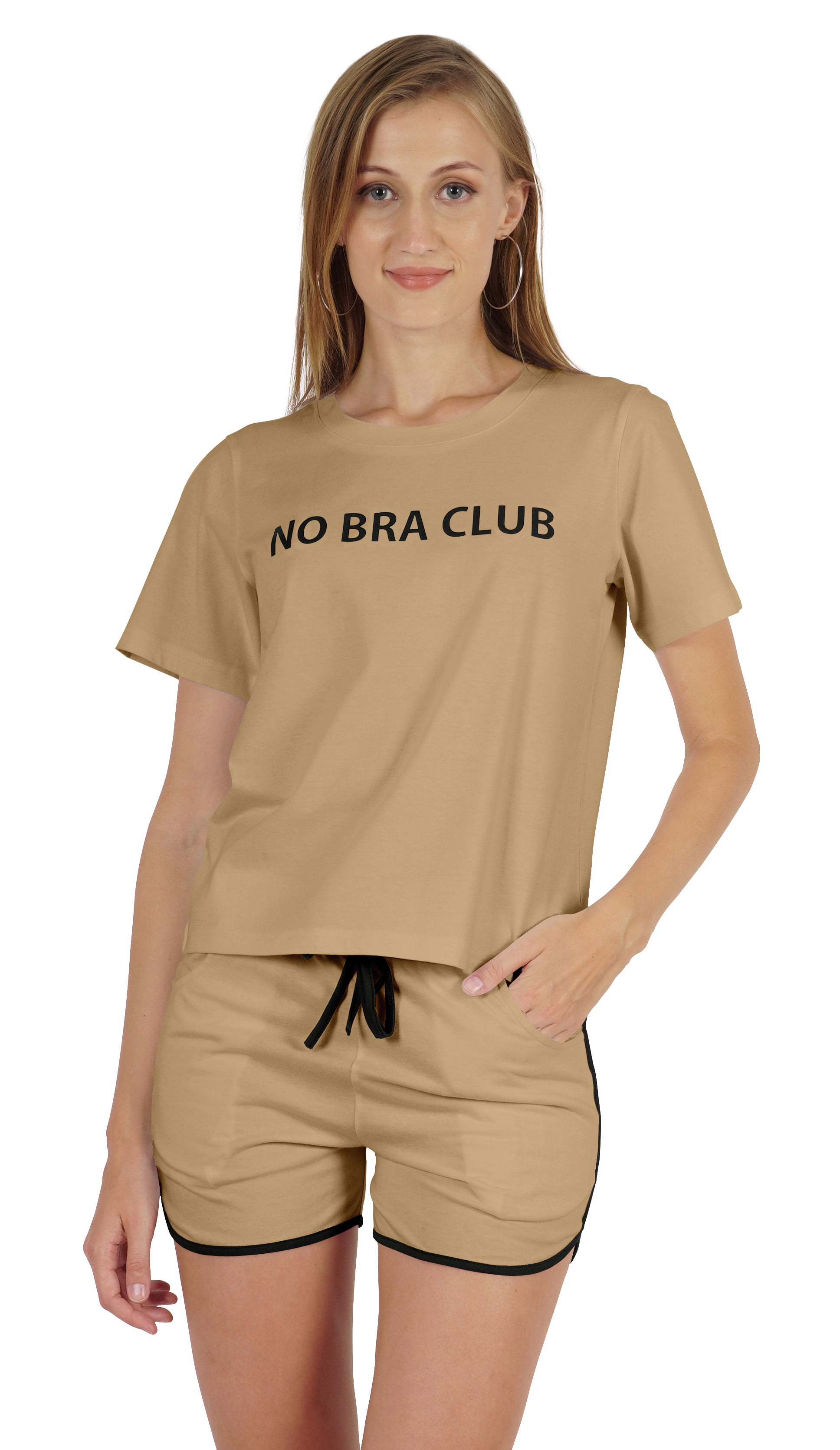 Inkmeso Women's Short Sleeve No Bra Club Go Braless Funny No Bra Day  Nightwear Set