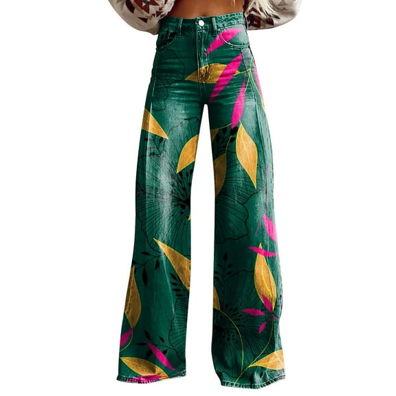 yunLCZ Women's Wide Leg Pants 2025 New Summer Flower Wide Leg Pants Lightweight And Loose Casual Colorful Pants Imitation Jeans Office Slacks