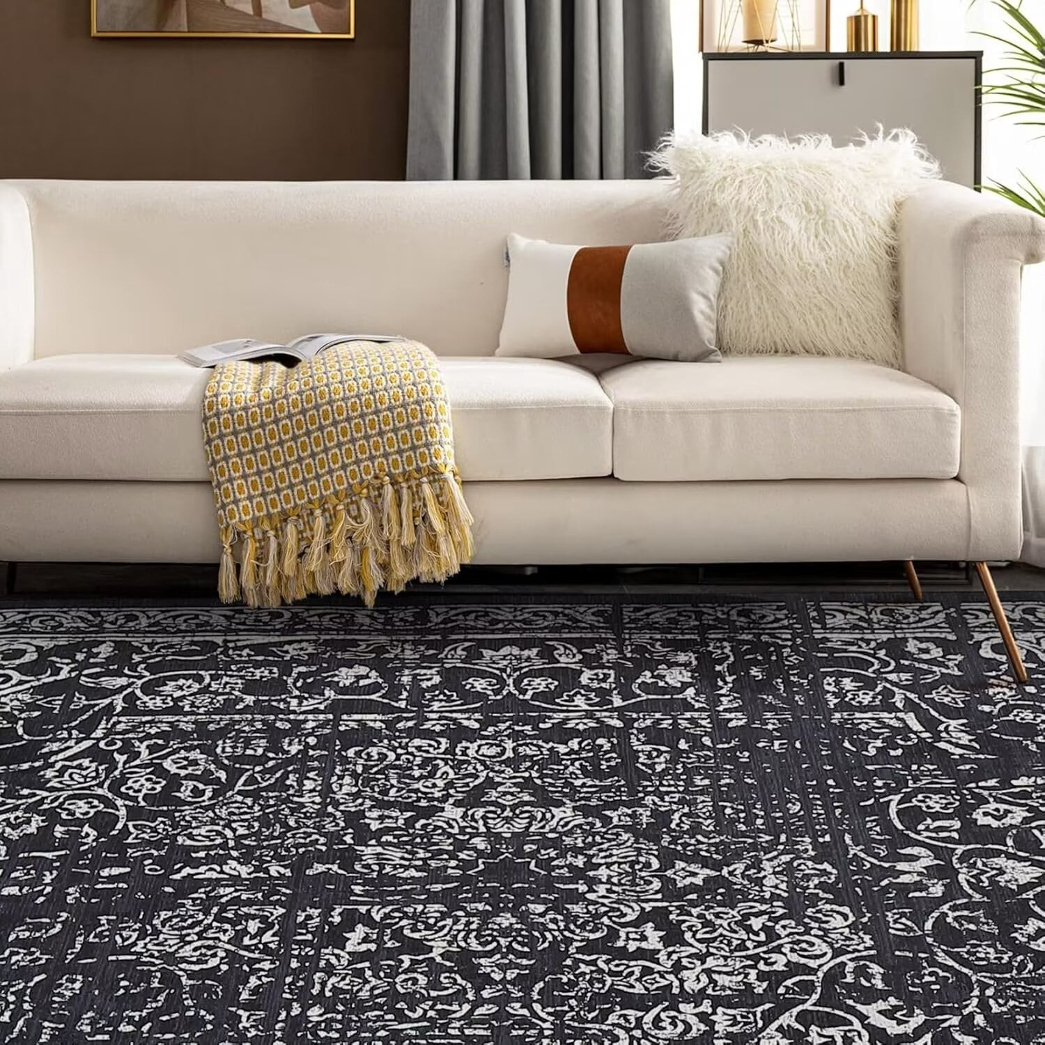 FairOnly 10'x13' Black Area Rugs for Dining Room Vintage Washable Floor Cover Non Shedding Low Pile Carpet for Living Room
