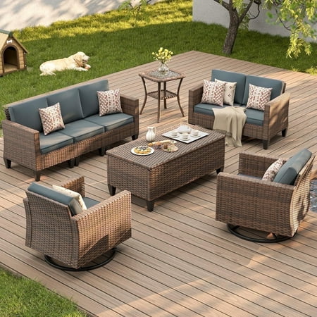 Poteban Outdoor Patio Furniture Set, Rocking Swivel Chair, 9 Pieces Wicker Rattan Sectional Furniture for Backyard (Grey)