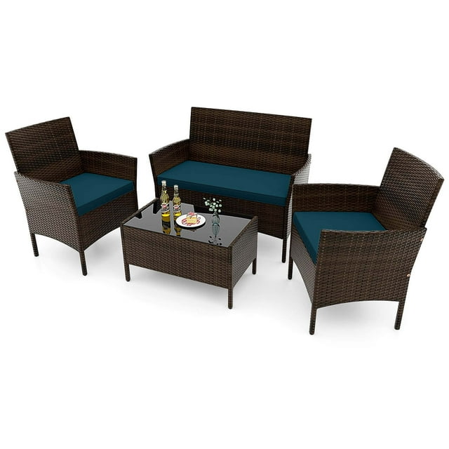 Gymax Set of 4 Furniture Set w/ Washable Cushions & Tempered Glass Coffee Table Blue