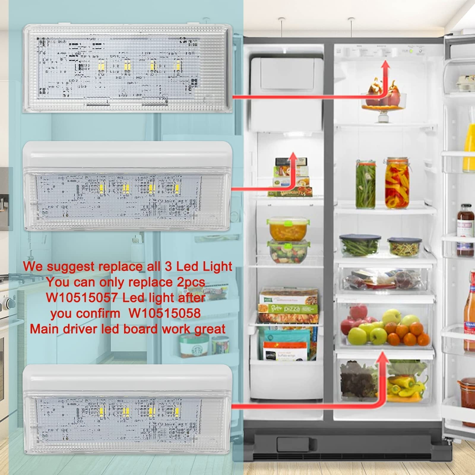 W10515058 and W10515057 Refrigerator LED Light 2PCS with Cover Compatible for Kenmore Maytag Whirlpool Refrigerator LED Light Replaces WRS325FDAM02 WRS325FDAM04