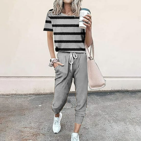 Baikeli Clearance Suits for Women Two Piece Outfits for Women 2024 Summer Suits Striped Tops Drawstring Waist Pants Jogger Sets With Pockets Linen Lounge Sets for Women