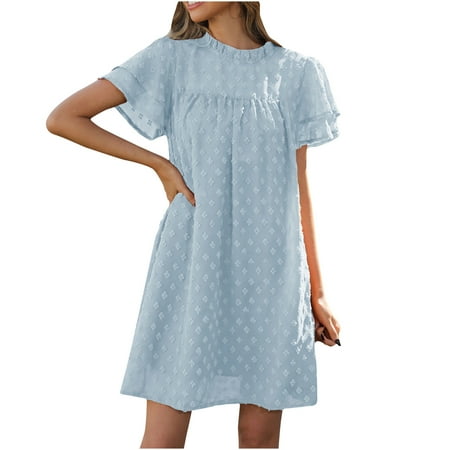 

Women s Summer Loose Dress Short-Sleeve Scoop Neck Solid Flowy Dress