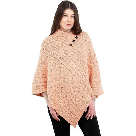 ARAN ISLE Ladies Poncho 100% Virgin Wool Aran Cable Knit Shawl Neck with Buttons Sweater