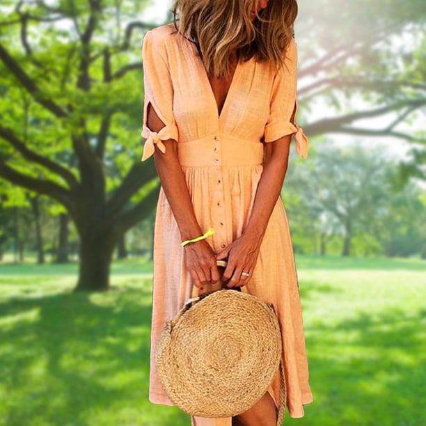 Vestido De Mujer Vestidos casuales de verano Vestido plisado europeo Media manga para el trabajo (Naranja XXL) Cgtredaw Para estrenar