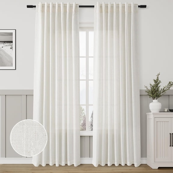 Natural Linen Curtains 84 Inch Length 2 Panels Cream White Pleated Drapes for Living Room Semi Sheer Light Filtering Modern Farmhouse Aesthetic Neutral Window Curtain Back Tab Loop Ivory