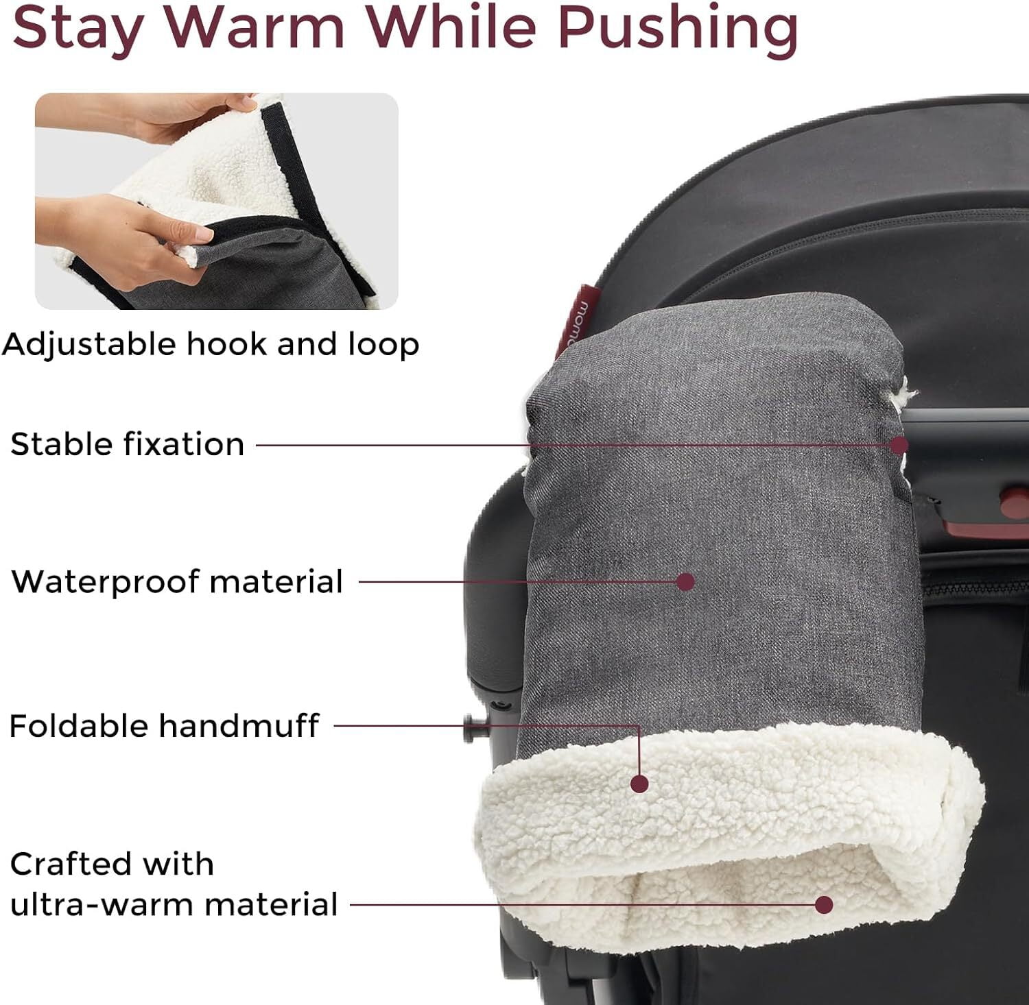 Momcozy Stroller Gloves Warmmuffs,Universal Winter Anti-Freeze Stroller Mittens,Winter Handmuff Stroller Accessories,Ultra-Plush,Weather-Proof,Foldable Adjustable,Shopping Golf Pet Cart, Gray