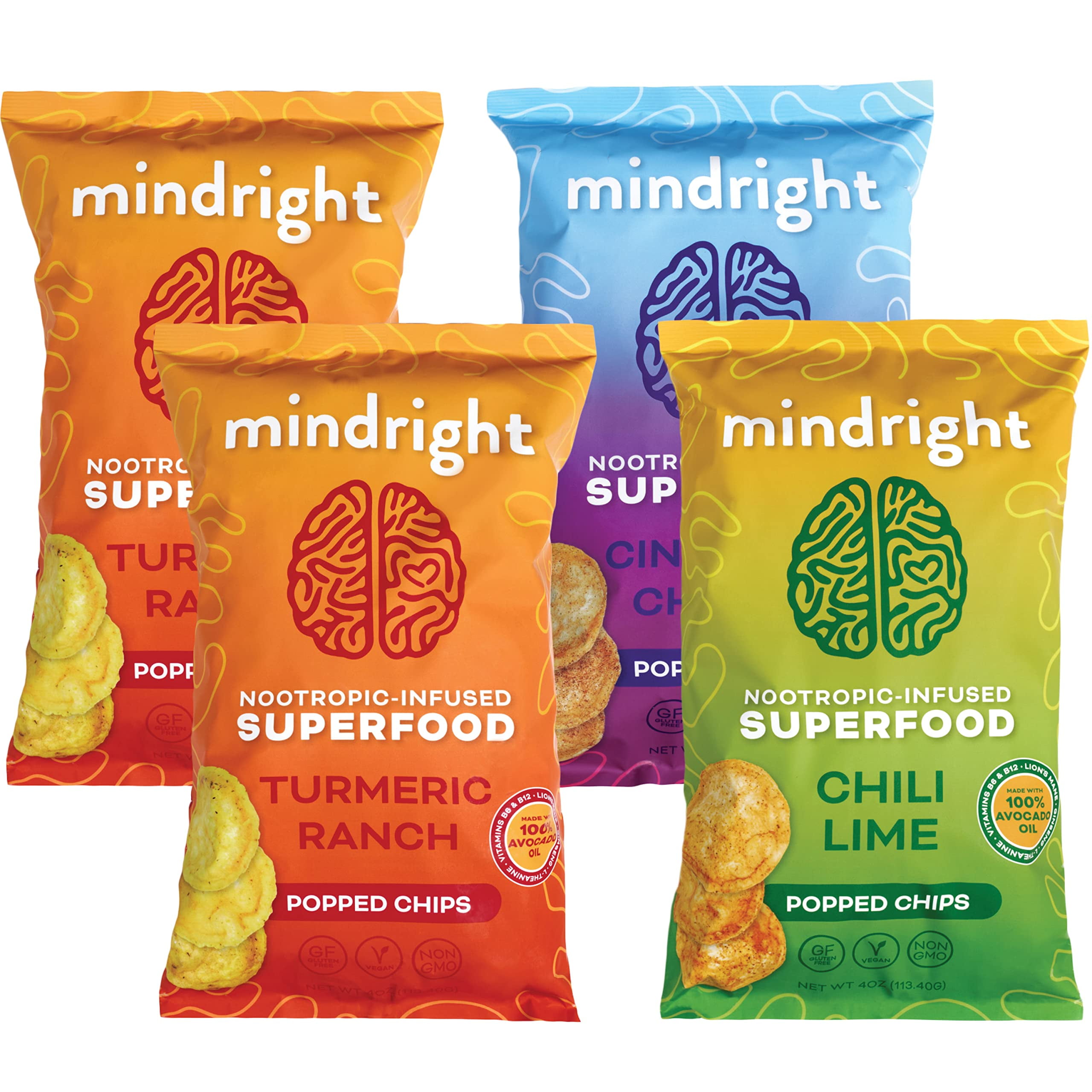 MINDRIGHT Superfood Vegan Nootropic Snack Popped Chips Variety Pack Gluten Free NonGmo Grain