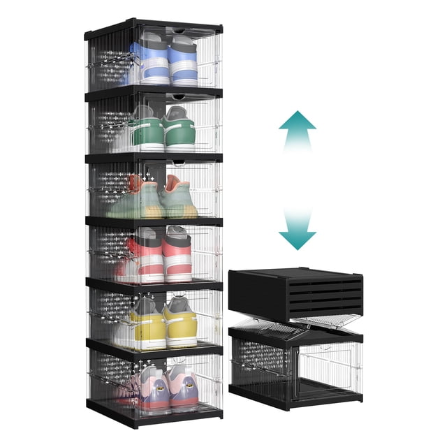 Cajas para zapatos, juego de 6 organizadores apilables, zapatero plegable y modular, hasta talla 46, montaje 60 s, transparente y negro