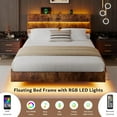 thumbnail image 5 of Honfach Floating Full Size Bed Frame with LED Lights & Charging Station, Platform Bed with Wooden Storage Headboard, Vintage Brown, 5 of 9