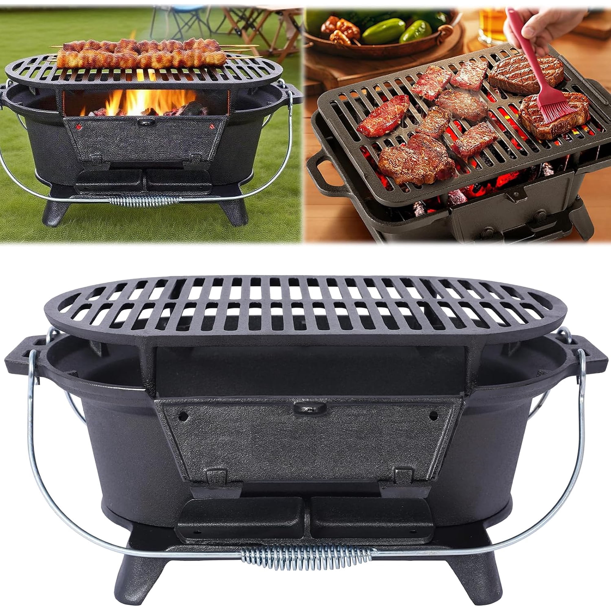 Elleree Cast Iron Hibachi Grill, Portable Charcoal BBQ Stove Tabletop Skillet with Handle for Outdoor Cooking Camping Tailgating, Picnics & Hunting