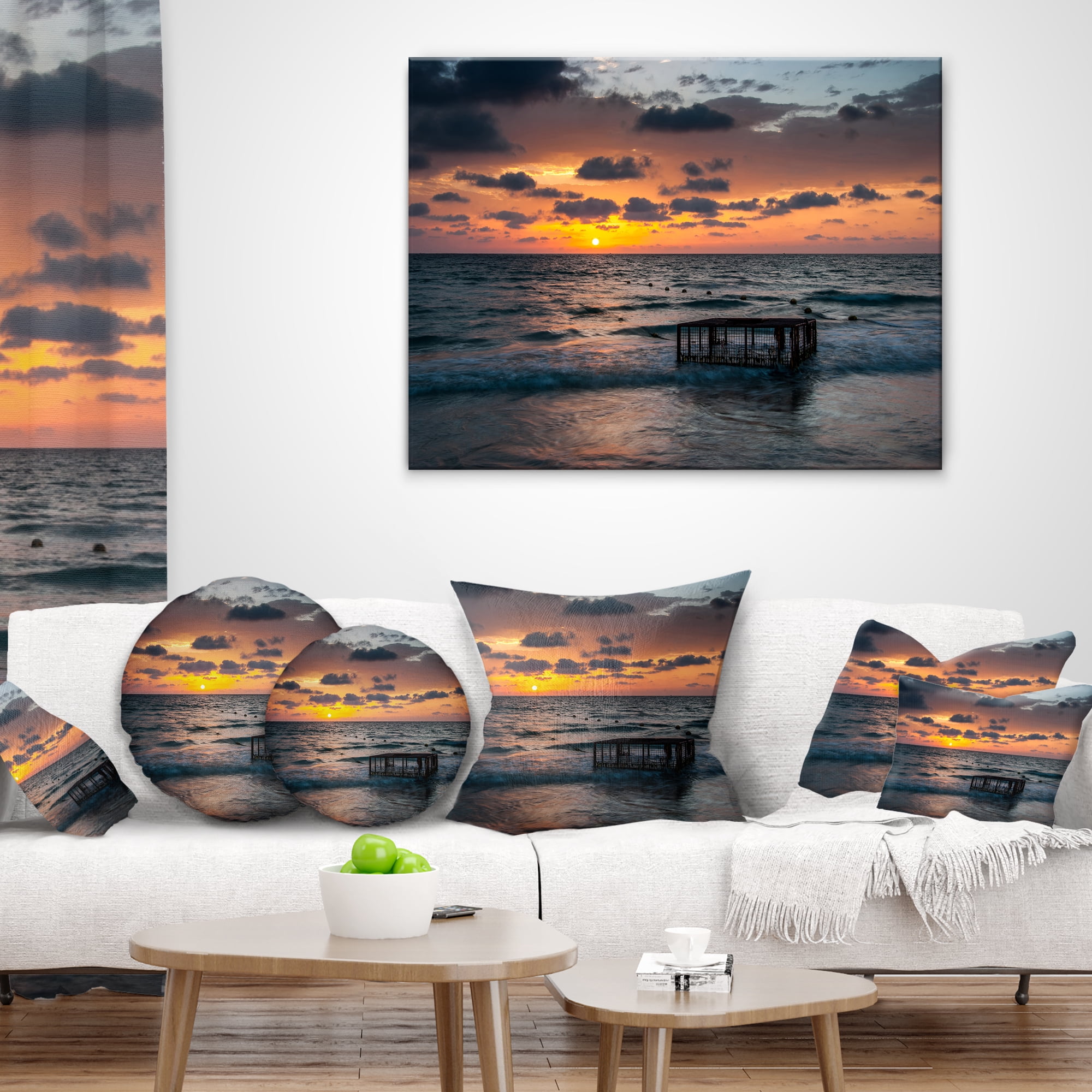 Designart Tropical Beach with Empty Cage - Seashore Throw Pillow - 16x16