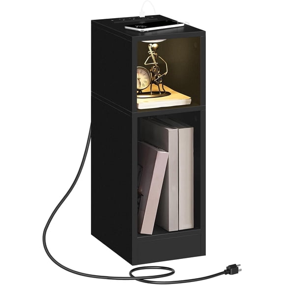 Narrow Nightstand, Slim End Table with Charging Station and LED Sensor Light, Modern Side Table, Bedside Table, for Small Spaces, Living Room, Bedroom, Black ETBK25E01