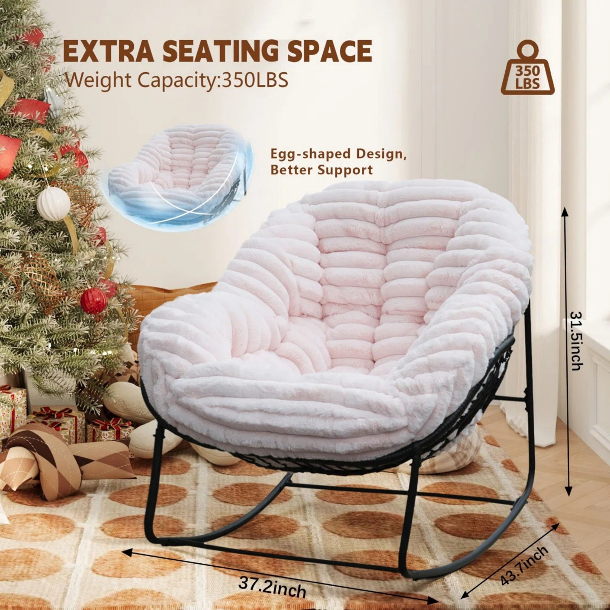Outdoor Papasan Rocking Chair, Oversized Egg Chair with Cushion, Wicker Rattan Patio Rocker, Indoor Outdoor Lounge Chair for Porch Garden Living Room, Pink