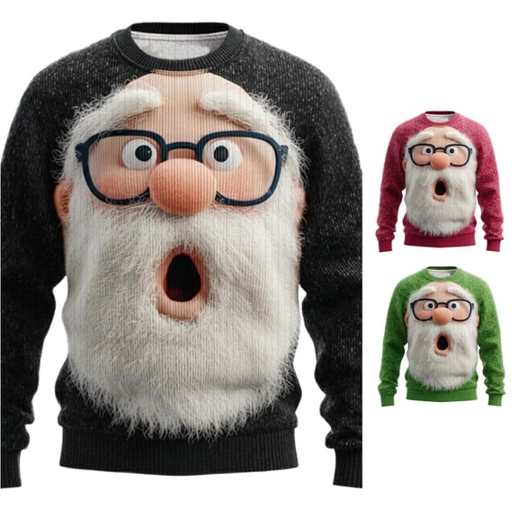 XIAOCHA Surprised Santa 3D Portrait Sweatshirt For Men Crew Neck Holiday Graphic Pullover Top, Black, Sizes XXL