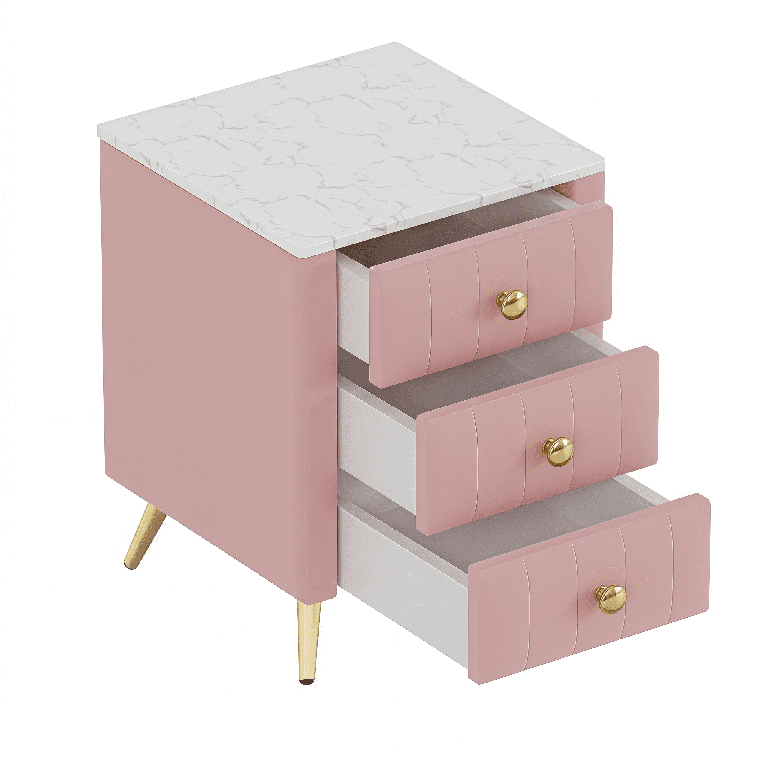 Euroco Upholstered Wooden Nightstand with 3 Drawers and Metal Legs&Handles,Modern Bedside Table with Marbling Stickers Worktop for Bedroom,Pink